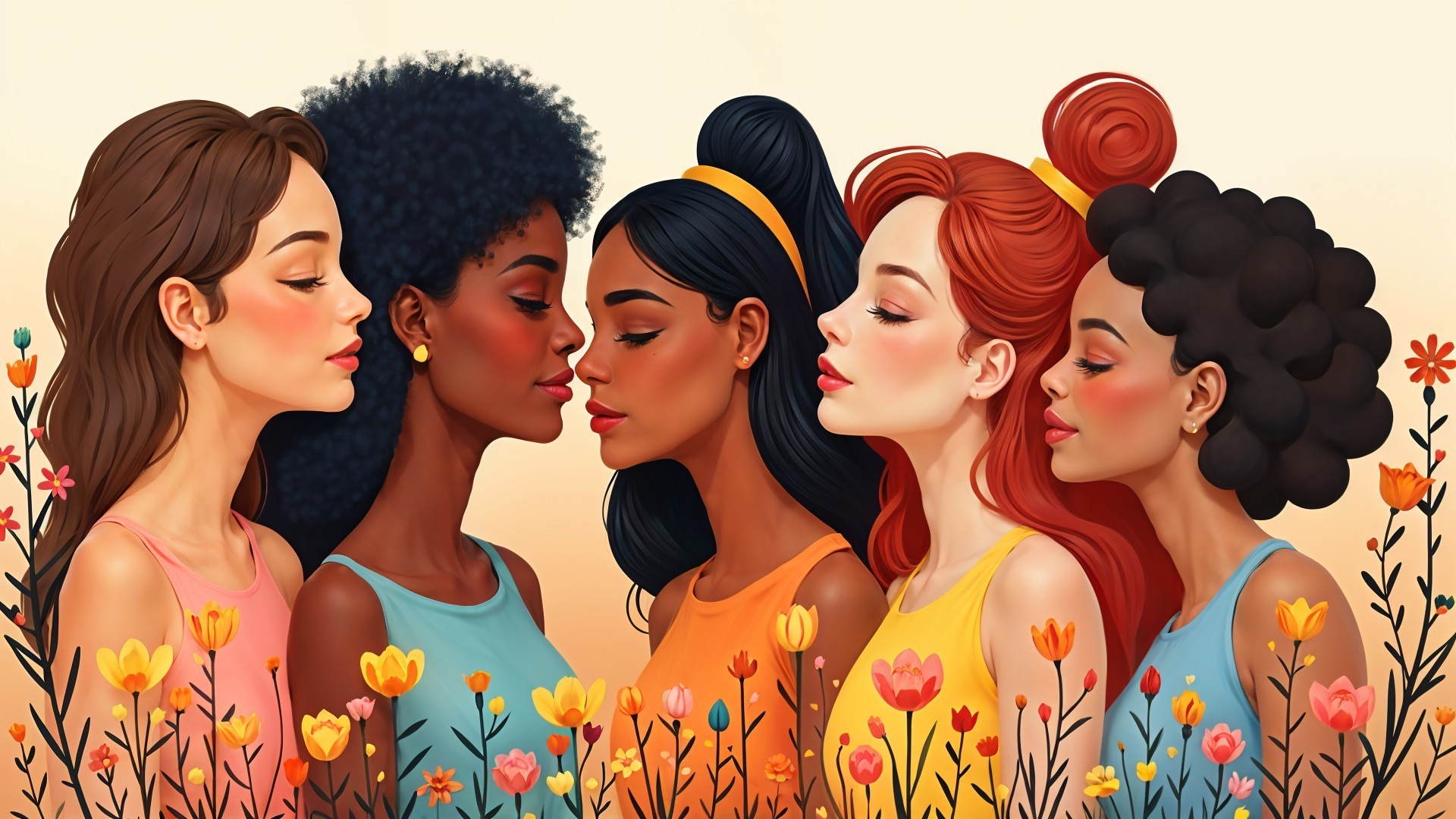 Diverse Women in Colorful Tops Surrounded by Flowers