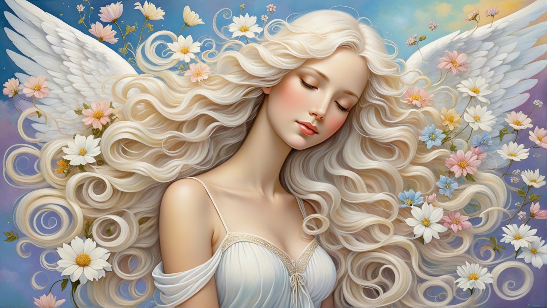 Ethereal figure with angel wings in pastel setting