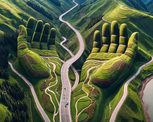 Aerial View of Green Hands and Scenic Landscape