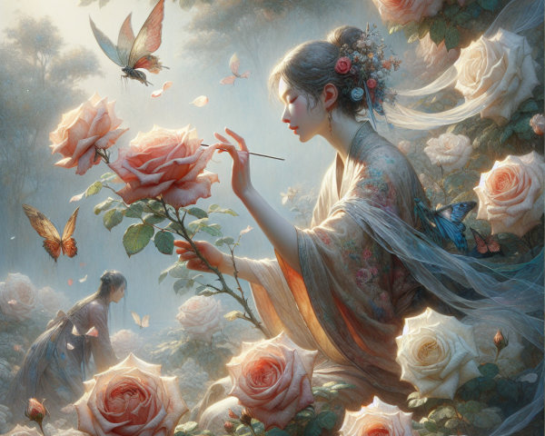 Ethereal Garden Scene with Woman and Butterflies