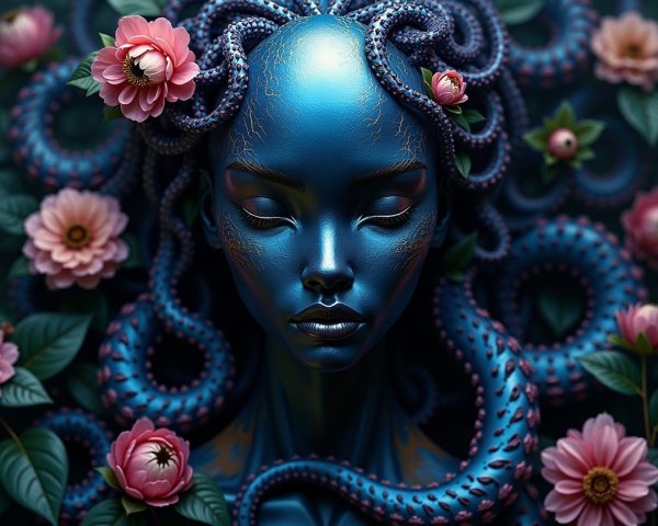 Surreal Female Figure with Blue Skin and Tentacles