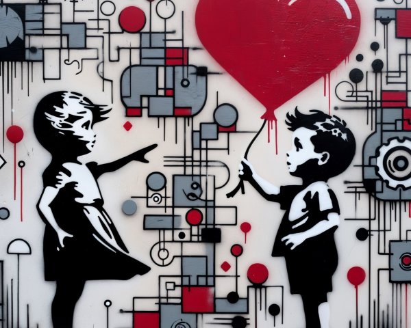 Vibrant Mural of Children with Heart Balloon and Patterns