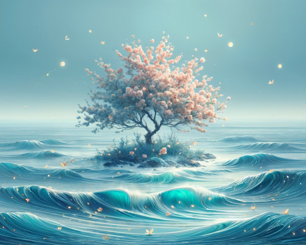 Solitary Blossom Tree on Serene Island Landscape