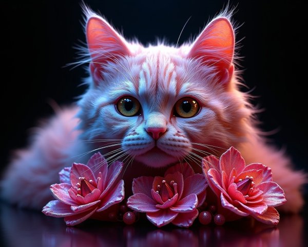 Fluffy White Cat Among Vibrant Pink Flowers