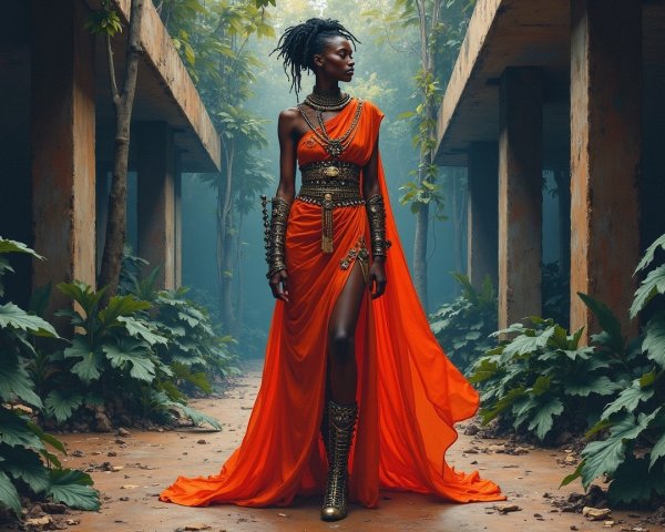 Confident Figure in Vibrant Orange Gown Surrounded by Greenery