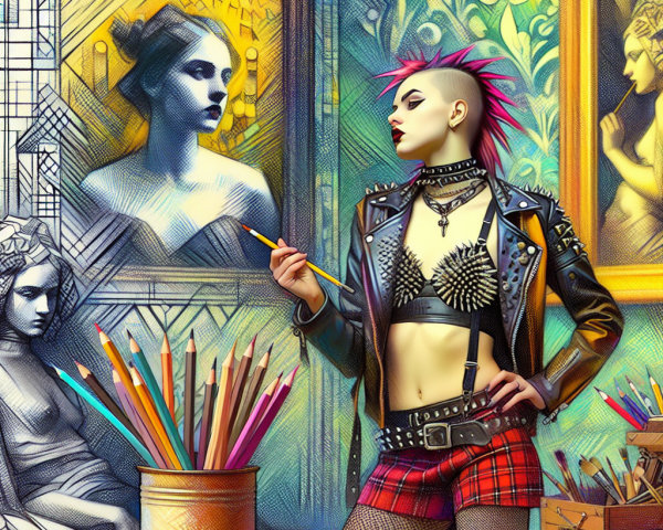 Vibrant Art Studio with Punk-Inspired Figure and Art