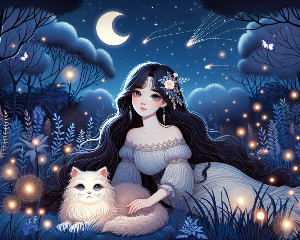 Young Woman in Magical Forest with Glowing Orbs