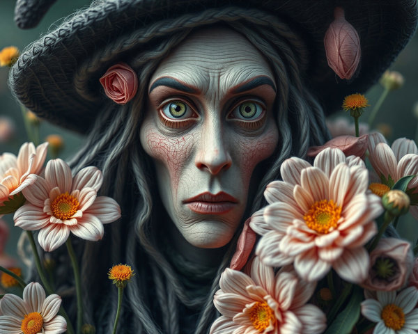 Haunting Figure Amidst Vibrant Flower Bouquet