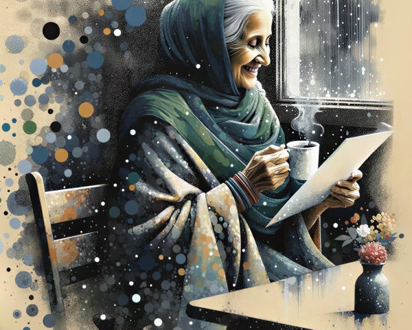 Elderly Woman Smiling with Cup and Snowy Window Scene