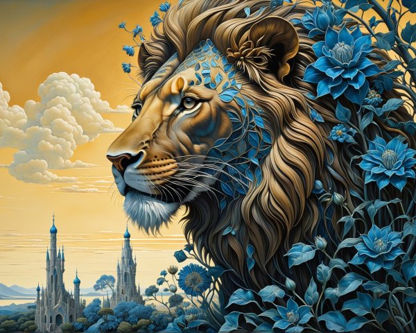 Lion with Floral Mane and Whimsical Background