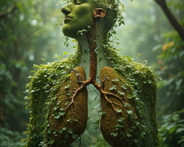 Surreal Moss Figure in a Misty Forest Setting