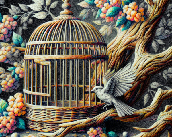 Birdcage Surrounded by Flowers and a White Bird