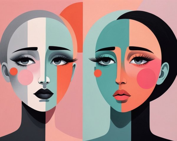 Stylized Artwork of Duality in Female Faces