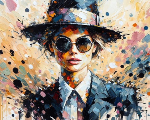 Stylish Woman in Hat Against Vibrant Abstract Background