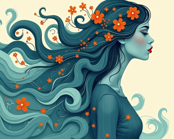 Profile of a Woman with Blue Hair and Orange Flowers