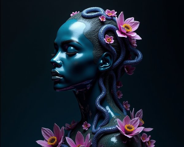 Blue-toned figure with serpents and pink flowers