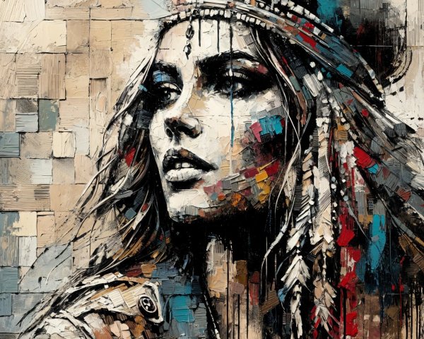 Portrait of a Woman with Beaded Headband and Feathers