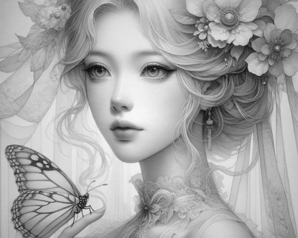 Graceful Woman with Butterfly and Floral Accents
