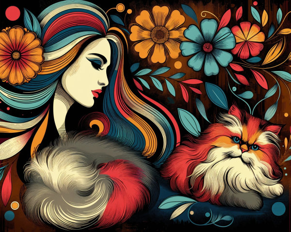 Vibrant illustration of a woman and expressive cat