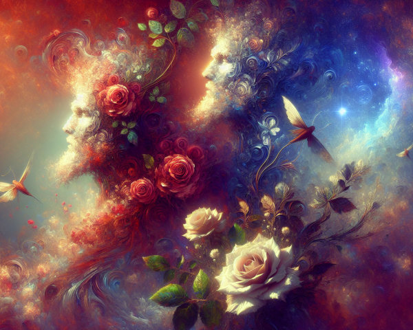 Surreal Artwork of Ethereal Faces and Colorful Backdrop