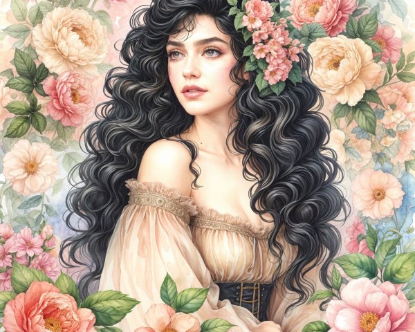 Young woman with black curls among vibrant flowers