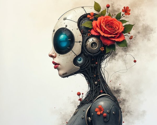 Futuristic Humanoid Robot with Floral Accents and Glow