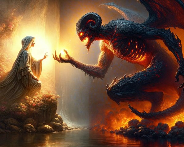 Serene Woman and Fearsome Demon in Mystical Setting