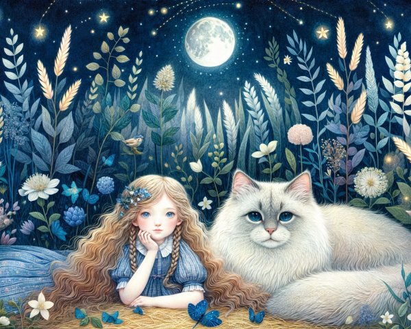 Nighttime Scene of a Girl and Cat Under the Moon