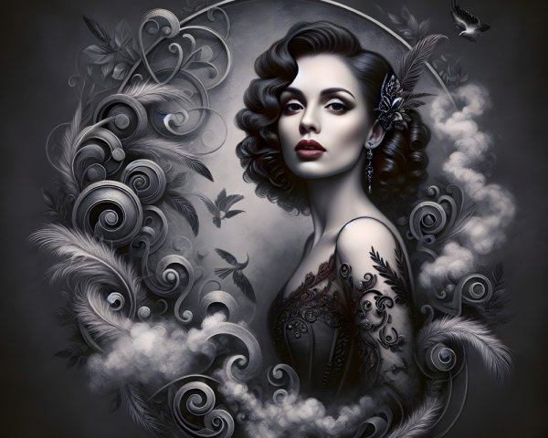 Elegant Woman with Dark Hair and Whimsical Elements