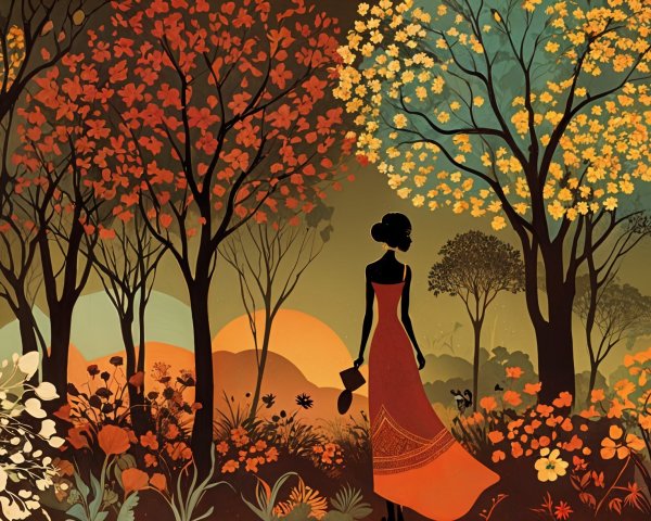 Silhouette of Woman in Red Dress in Autumn Forest