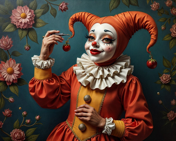 Vibrant Clown in Floral Background with Whimsical Costume