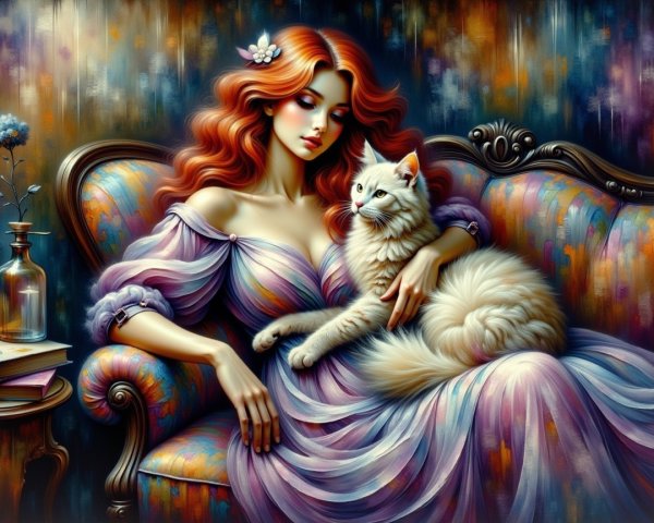 Elegant Woman with Red Hair and Cat on Couch