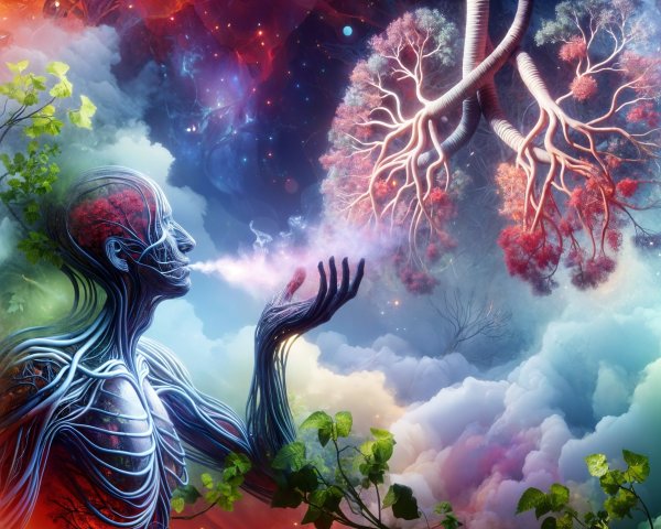 Translucent Figure with Colorful Lungs in Dreamlike Scene