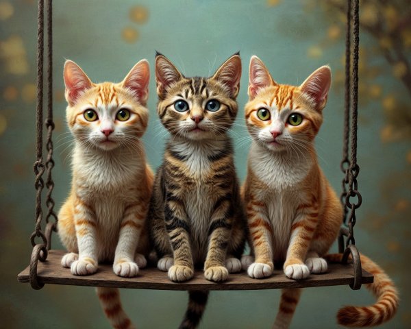 Kittens on a Wooden Swing in a Dreamy Setting