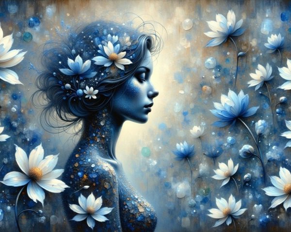 Blue-Hued Artwork of Woman with Floral Background