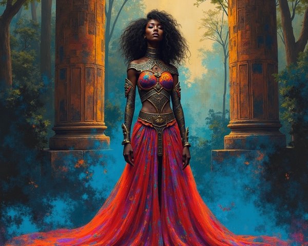 Majestic figure in ornate gown in mystical forest setting