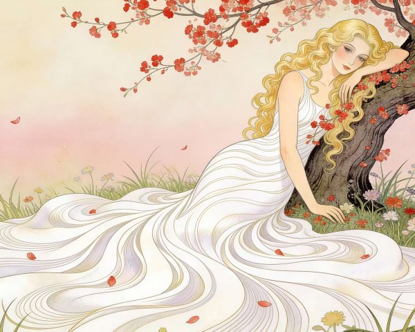 Illustration of a Blonde Woman by a Flowering Tree