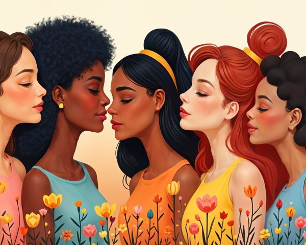 Diverse Women in Colorful Tops Surrounded by Flowers