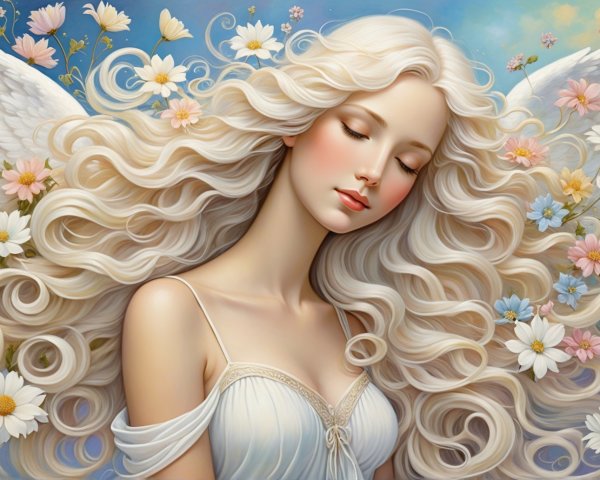 Ethereal figure with angel wings in pastel setting