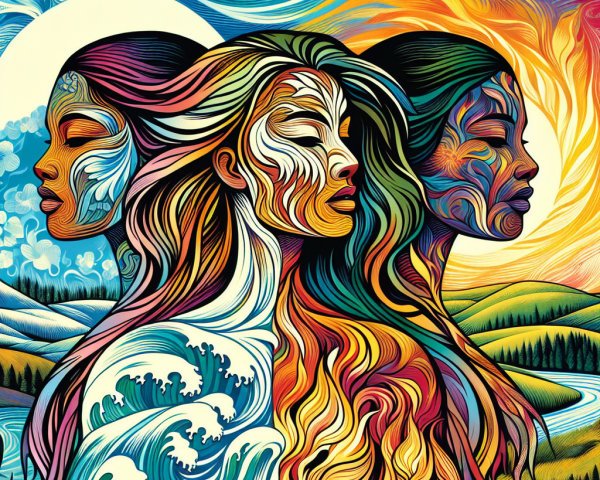 Three Stylized Female Faces Representing Nature Elements