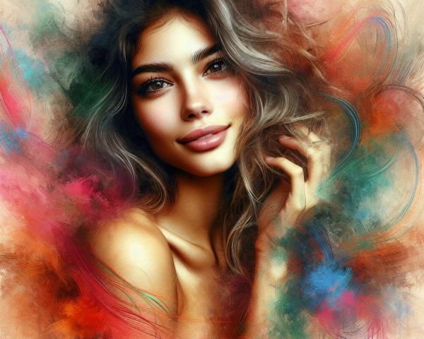 Portrait of a woman with wavy hair and colorful backdrop