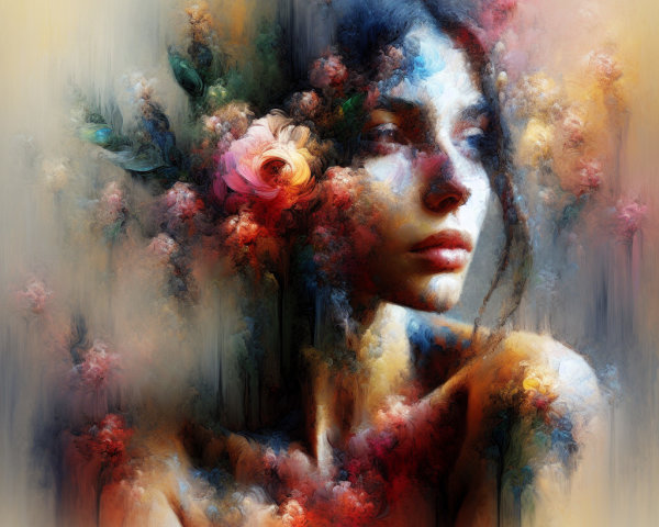 Portrait of a Woman Blended with Floral Elements