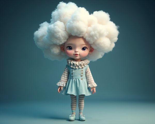 Whimsical doll with cotton candy cloud hairstyle