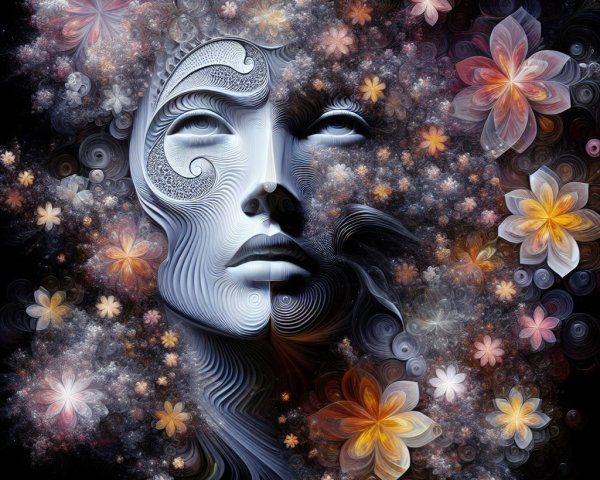 Surreal Face Blended with Floral Patterns and Swirls