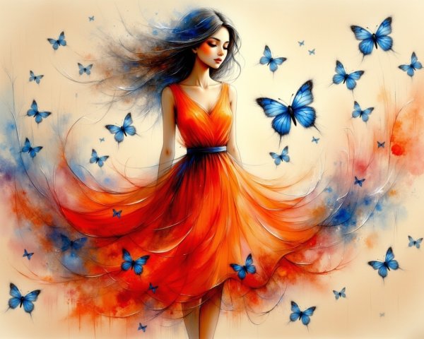 Woman in Orange Dress Dancing with Blue Butterflies