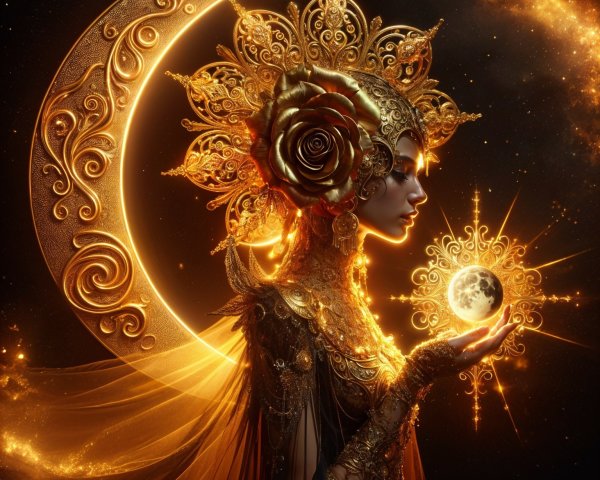 Golden Attire Figure with Moon Orb in Cosmic Scene