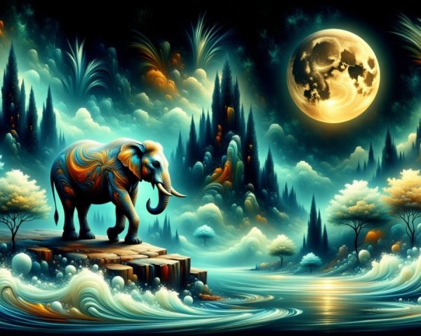 Surreal Landscape with Elephant Under Starry Sky