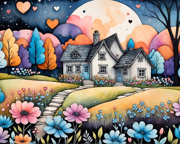 Charming Cottage in a Whimsical Colorful Landscape