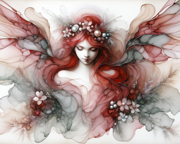 Ethereal Figure with Flowing Red Hair and Wings