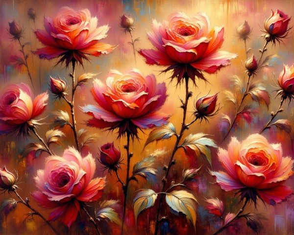 Vibrant Bouquet of Pink and Red Roses on Golden Background